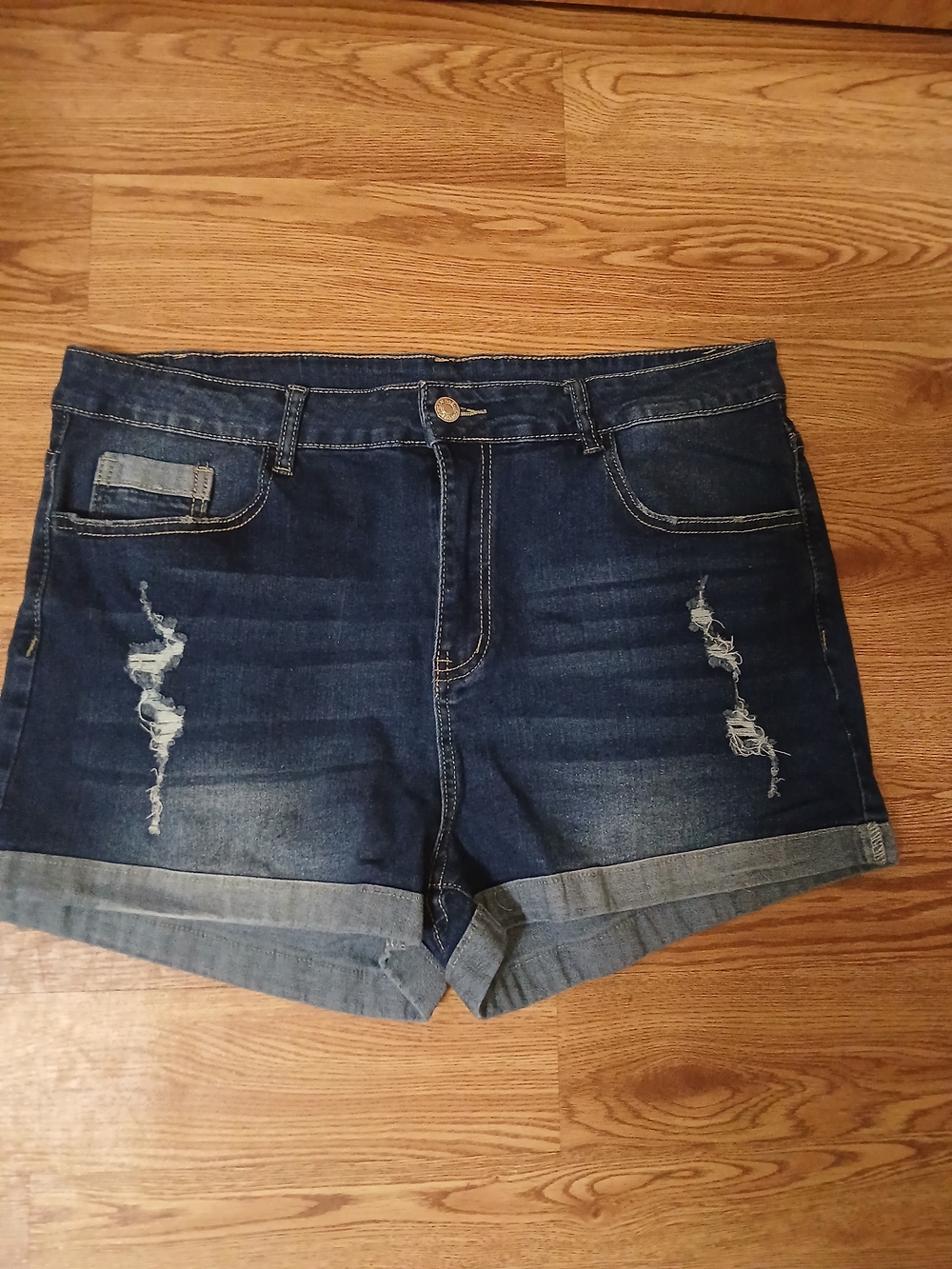 SHEIN Dark Wash Distressed Cuffed Denim Shorts